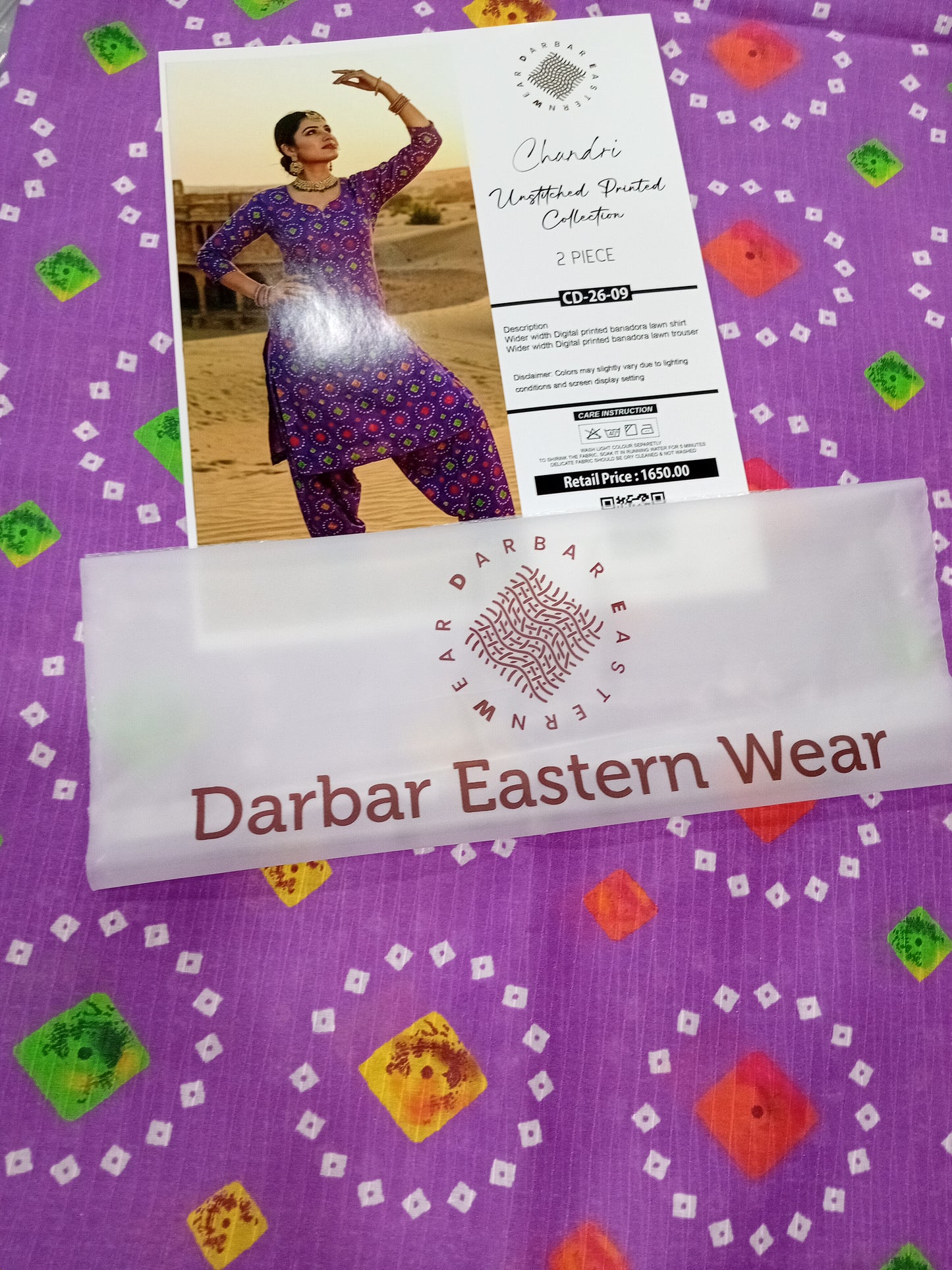 Chundri digital printed banadora lawn unstitched 2-piece light purple