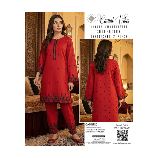 Casual Vibes Embroiderd 2 piece unstitched collection - Red