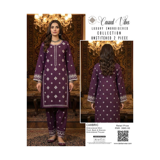Casual Vibes Embroiderd 2 piece unstitched collection - plum purple