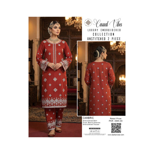 Casual Vibes Embroiderd 2 piece unstitched collection - Rust Red