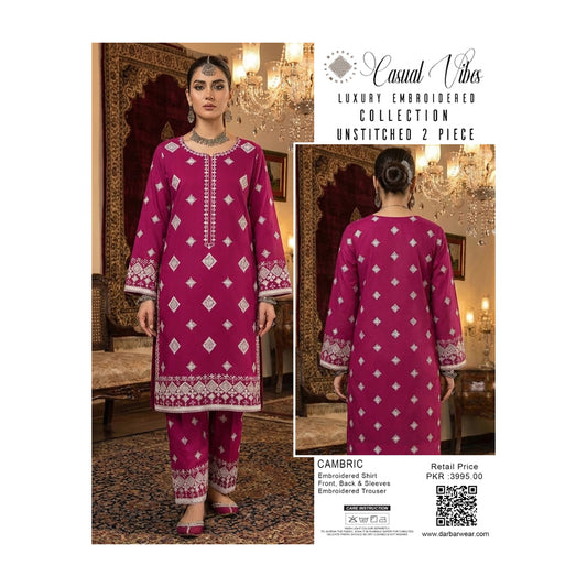 Casual Vibes Embroiderd 2 piece unstitched collection - Deep Pink