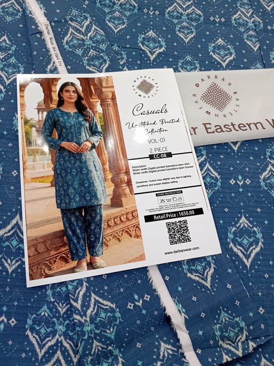 Casuals digital printed banadora lawn unstitched 2-piece zinc blue