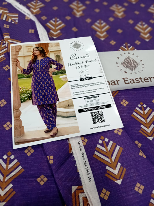Casuals digital printed banadora lawn unstitched 2-piece purple