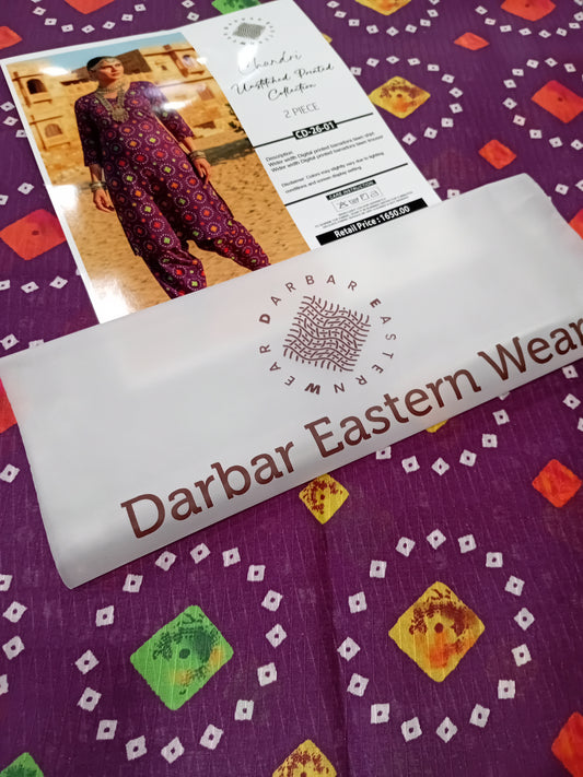 Chundri digital printed banadora lawn unstitched 2-piece purple