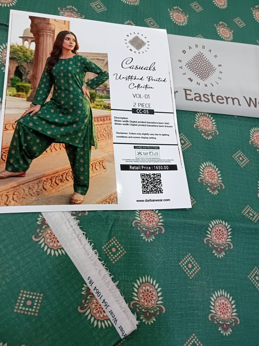 Casuals digital printed banadora lawn unstitched 2-piece green
