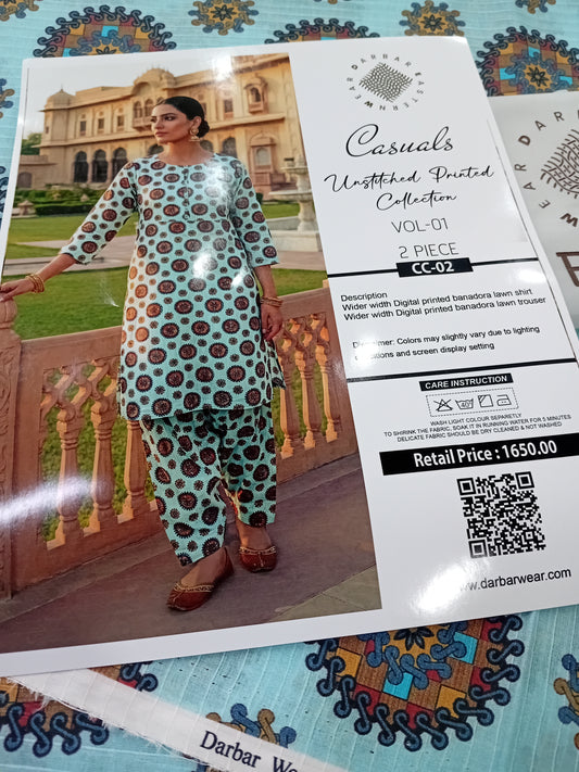 Casuals digital printed banadora lawn unstitched 2-piece light ferozi