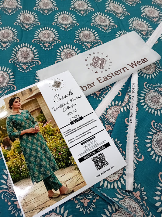 Casuals digital printed banadora lawn unstitched 2-piece dark sea green